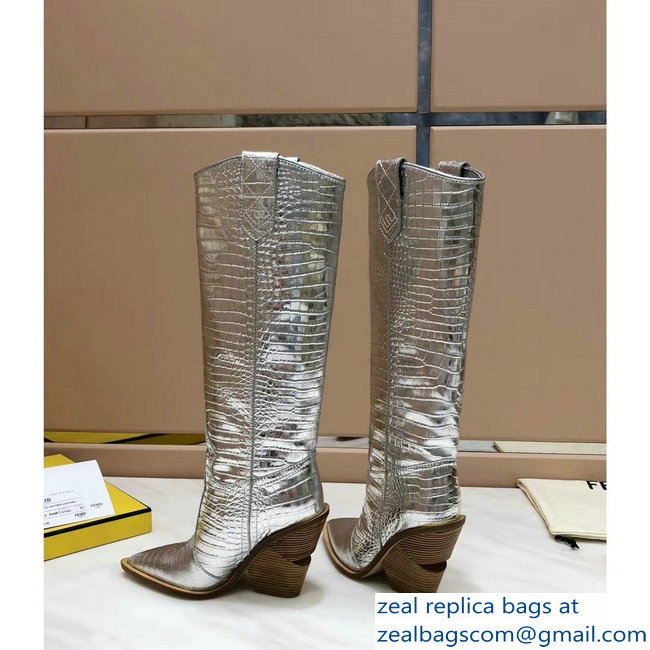 Fendi Heel 10cm Crocodile-Embossed Pointed Toe Boots Silver 2018