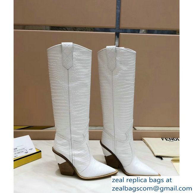 Fendi Heel 10cm Crocodile-Embossed Pointed Toe Boots White 2018