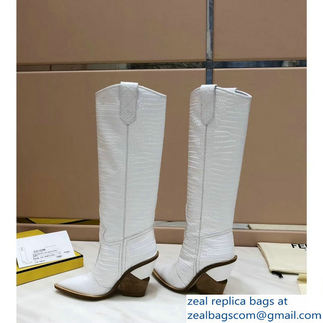 Fendi Heel 10cm Crocodile-Embossed Pointed Toe Boots White 2018