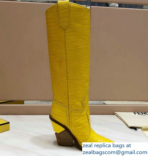 Fendi Heel 10cm Crocodile-Embossed Pointed Toe Boots Yellow 2018 - Click Image to Close