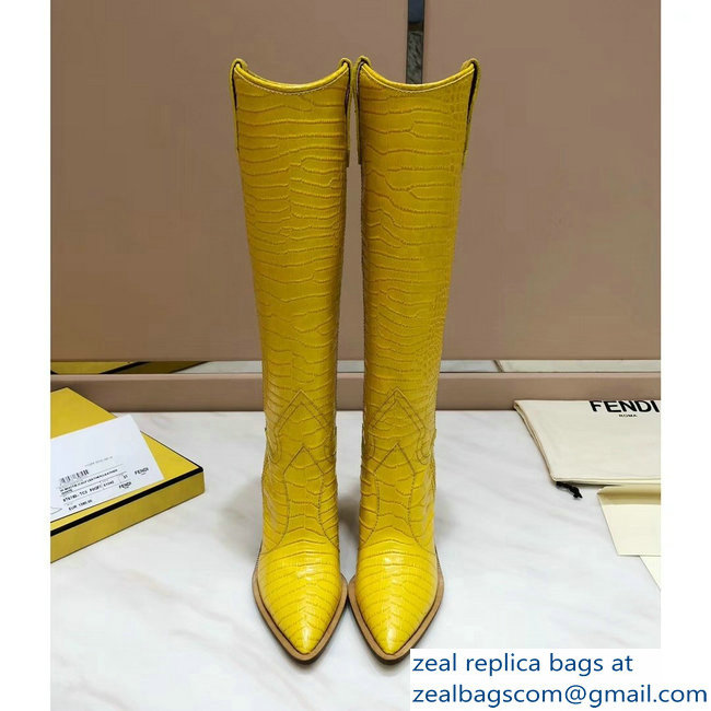 Fendi Heel 10cm Crocodile-Embossed Pointed Toe Boots Yellow 2018 - Click Image to Close