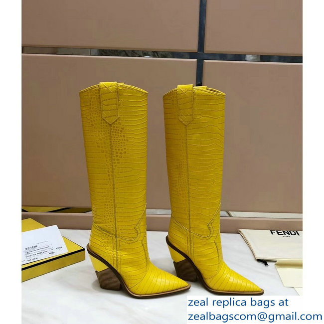 Fendi Heel 10cm Crocodile-Embossed Pointed Toe Boots Yellow 2018 - Click Image to Close