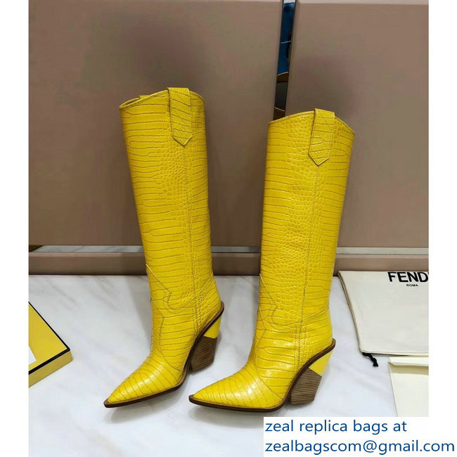 Fendi Heel 10cm Crocodile-Embossed Pointed Toe Boots Yellow 2018