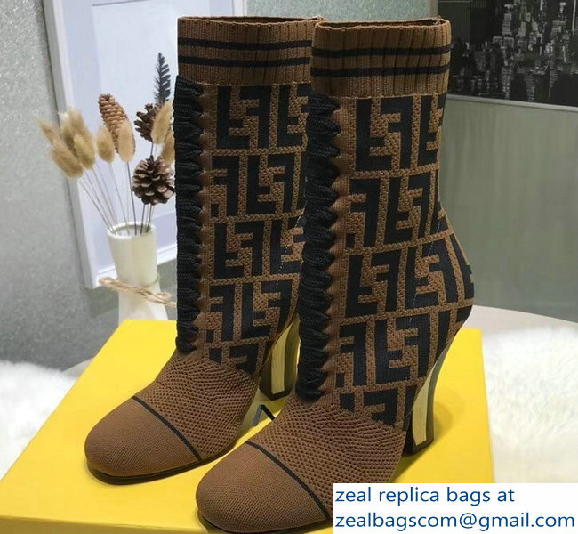 Fendi Heel 10cm Multicolour Fabric Ankle Boots FF Logo Brown 2018 - Click Image to Close