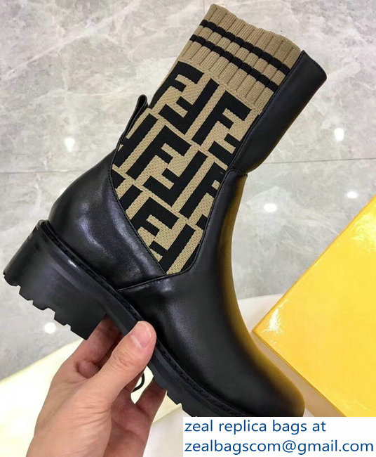 Fendi Heel 4.5cm Stretch Ribbed Fabric and Leather Ankle Boots Black FF Logo Beige 2018