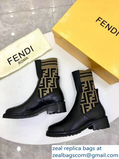 Fendi Heel 4.5cm Stretch Ribbed Fabric and Leather Ankle Boots Black FF Logo Beige 2018