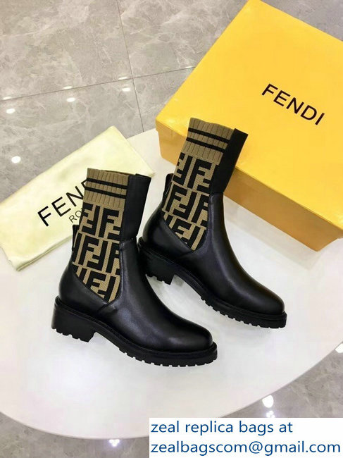 Fendi Heel 4.5cm Stretch Ribbed Fabric and Leather Ankle Boots Black FF Logo Beige 2018 - Click Image to Close