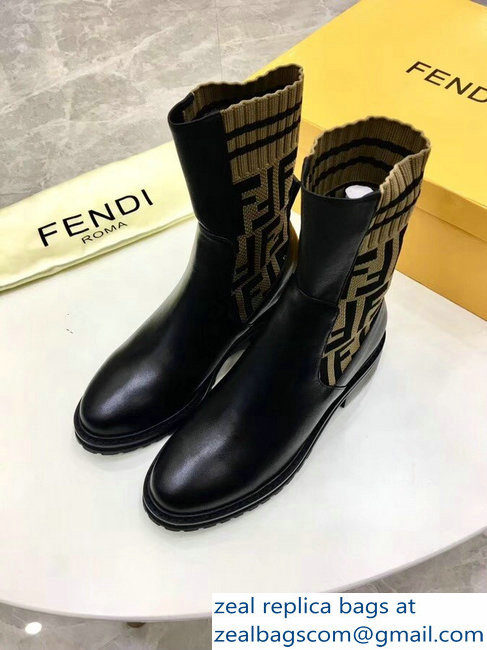 Fendi Heel 4.5cm Stretch Ribbed Fabric and Leather Ankle Boots Black FF Logo Beige 2018