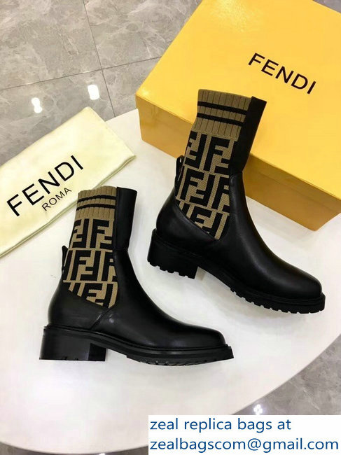 Fendi Heel 4.5cm Stretch Ribbed Fabric and Leather Ankle Boots Black FF Logo Beige 2018