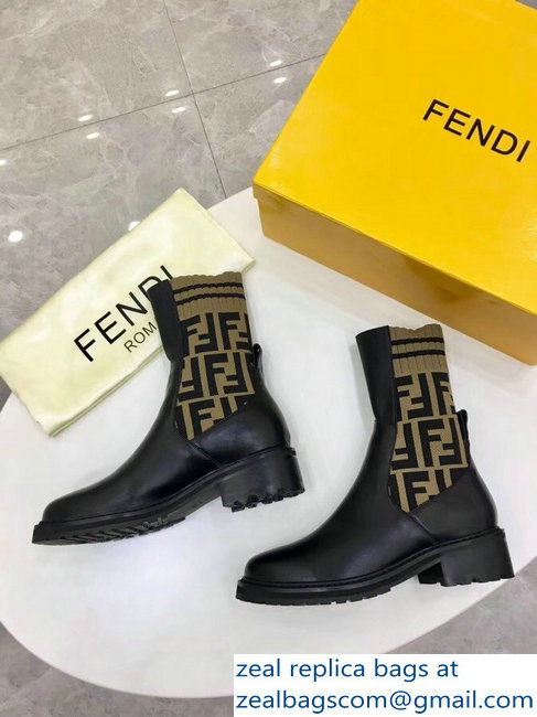 Fendi Heel 4.5cm Stretch Ribbed Fabric and Leather Ankle Boots Black FF Logo Beige 2018 - Click Image to Close