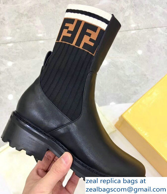 Fendi Heel 4.5cm Stretch Ribbed Fabric and Leather Ankle Boots Black FF Logo Brown 2018