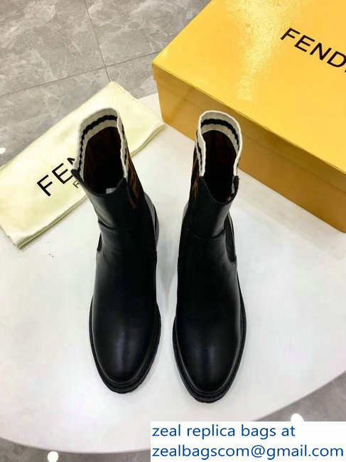 Fendi Heel 4.5cm Stretch Ribbed Fabric and Leather Ankle Boots Black FF Logo Brown 2018 - Click Image to Close