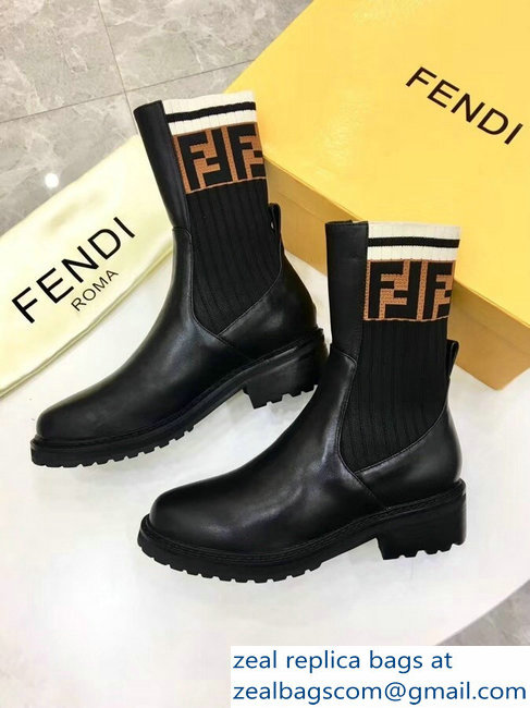 Fendi Heel 4.5cm Stretch Ribbed Fabric and Leather Ankle Boots Black FF Logo Brown 2018 - Click Image to Close