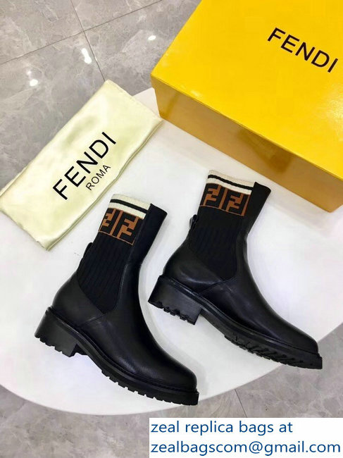 Fendi Heel 4.5cm Stretch Ribbed Fabric and Leather Ankle Boots Black FF Logo Brown 2018