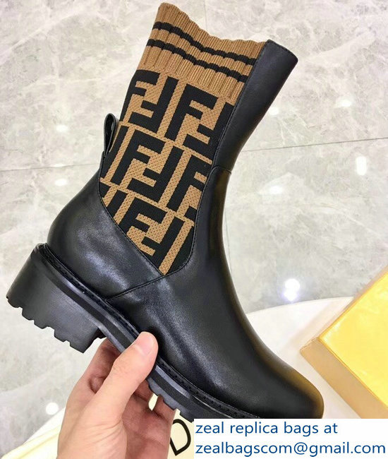 Fendi Heel 4.5cm Stretch Ribbed Fabric and Leather Ankle Boots Black FF Logo Coffee 2018 - Click Image to Close