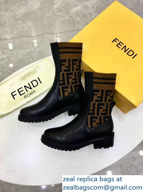 Fendi Heel 4.5cm Stretch Ribbed Fabric and Leather Ankle Boots Black FF Logo Coffee 2018