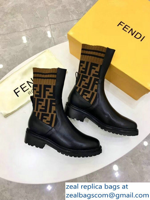 Fendi Heel 4.5cm Stretch Ribbed Fabric and Leather Ankle Boots Black FF Logo Coffee 2018