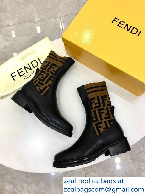 Fendi Heel 4.5cm Stretch Ribbed Fabric and Leather Ankle Boots Black FF Logo Coffee 2018