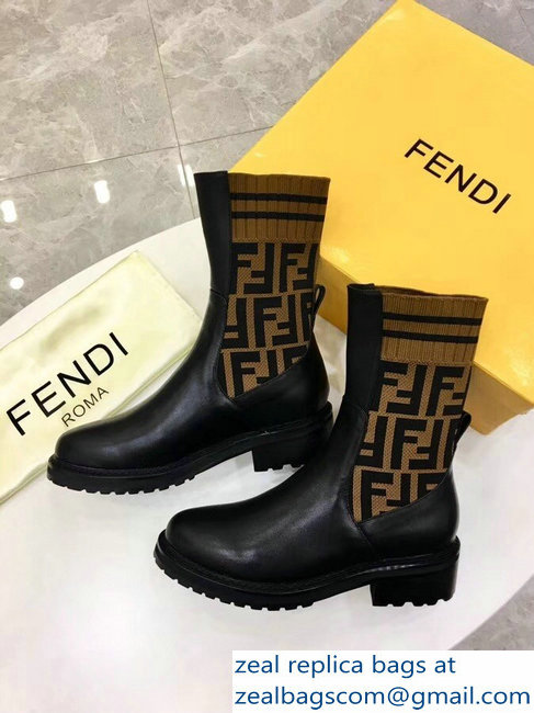 Fendi Heel 4.5cm Stretch Ribbed Fabric and Leather Ankle Boots Black FF Logo Coffee 2018