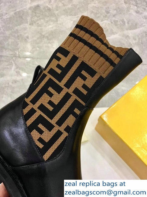 Fendi Heel 4.5cm Stretch Ribbed Fabric and Leather Ankle Boots Black FF Logo Coffee 2018