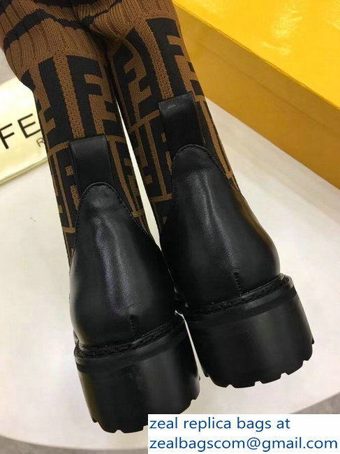 Fendi Heel 4.5cm Stretch Ribbed Fabric and Leather Ankle Boots Black FF Logo Coffee 2018