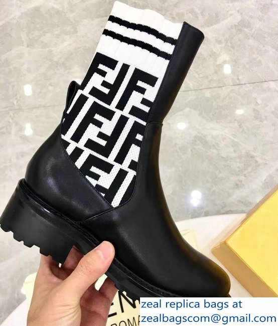 Fendi Heel 4.5cm Stretch Ribbed Fabric and Leather Ankle Boots Black FF Logo White 2018