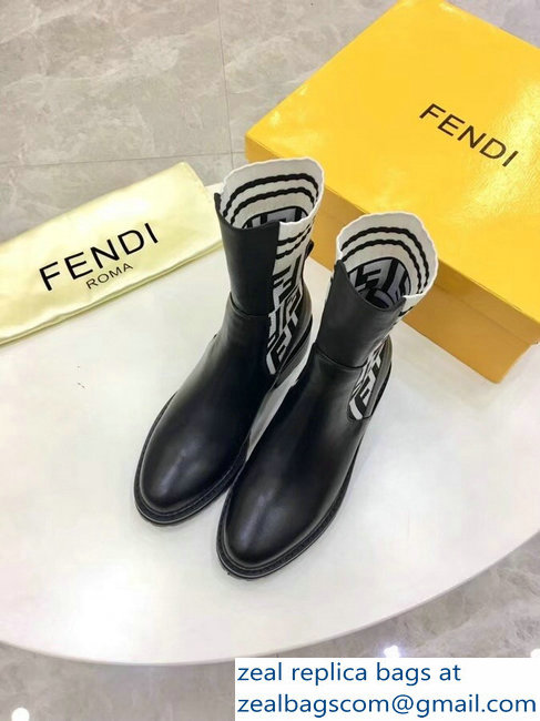 Fendi Heel 4.5cm Stretch Ribbed Fabric and Leather Ankle Boots Black FF Logo White 2018