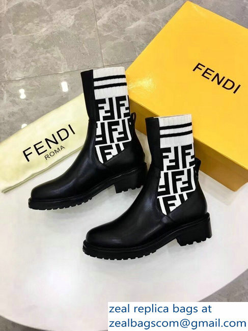 Fendi Heel 4.5cm Stretch Ribbed Fabric and Leather Ankle Boots Black FF Logo White 2018