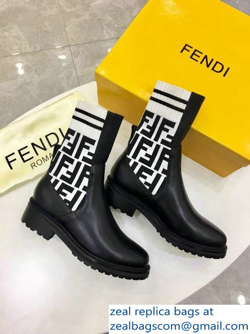 Fendi Heel 4.5cm Stretch Ribbed Fabric and Leather Ankle Boots Black FF Logo White 2018