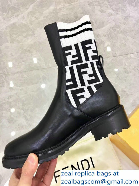 Fendi Heel 4.5cm Stretch Ribbed Fabric and Leather Ankle Boots Black FF Logo White 2018