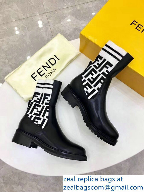 Fendi Heel 4.5cm Stretch Ribbed Fabric and Leather Ankle Boots Black FF Logo White 2018