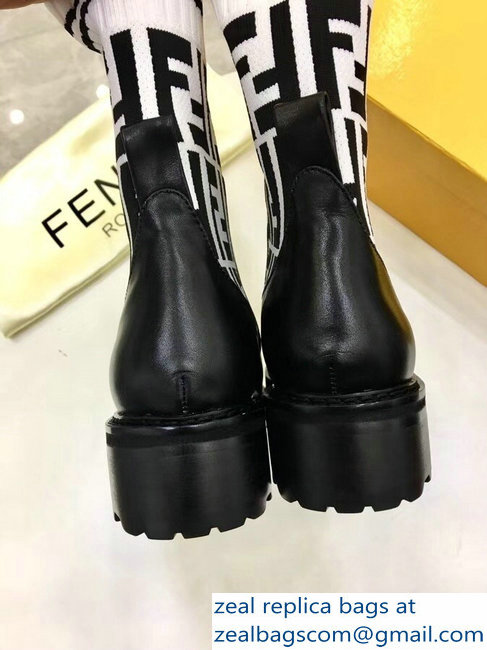 Fendi Heel 4.5cm Stretch Ribbed Fabric and Leather Ankle Boots Black FF Logo White 2018