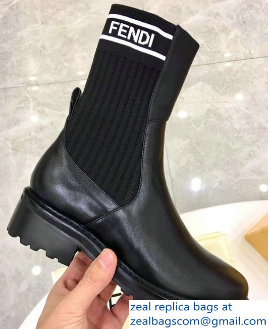 Fendi Heel 4.5cm Stretch Ribbed Fabric and Leather Ankle Boots Black Logo 2018