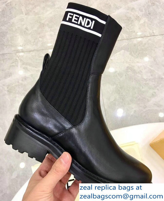 Fendi Heel 4.5cm Stretch Ribbed Fabric and Leather Ankle Boots Black Logo 2018 - Click Image to Close