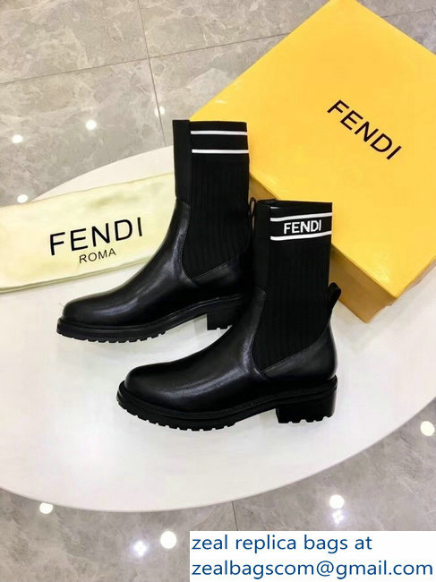 Fendi Heel 4.5cm Stretch Ribbed Fabric and Leather Ankle Boots Black Logo 2018