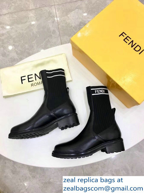 Fendi Heel 4.5cm Stretch Ribbed Fabric and Leather Ankle Boots Black Logo 2018 - Click Image to Close