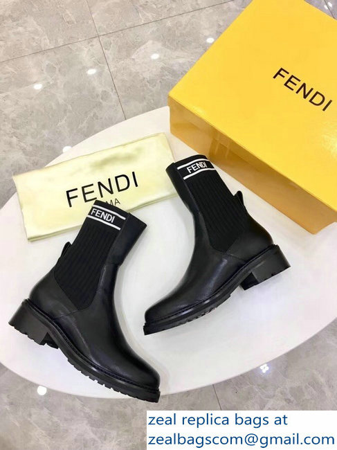 Fendi Heel 4.5cm Stretch Ribbed Fabric and Leather Ankle Boots Black Logo 2018 - Click Image to Close