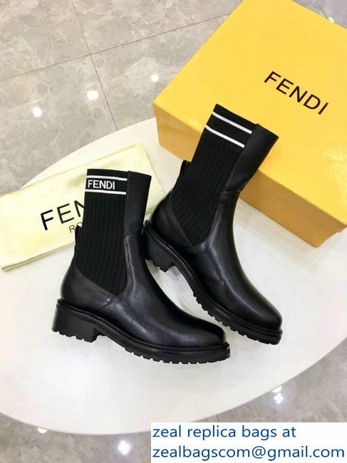 Fendi Heel 4.5cm Stretch Ribbed Fabric and Leather Ankle Boots Black Logo 2018