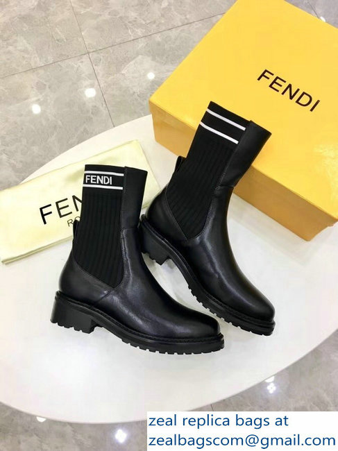 Fendi Heel 4.5cm Stretch Ribbed Fabric and Leather Ankle Boots Black Logo 2018 - Click Image to Close