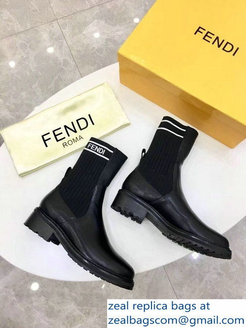 Fendi Heel 4.5cm Stretch Ribbed Fabric and Leather Ankle Boots Black Logo 2018