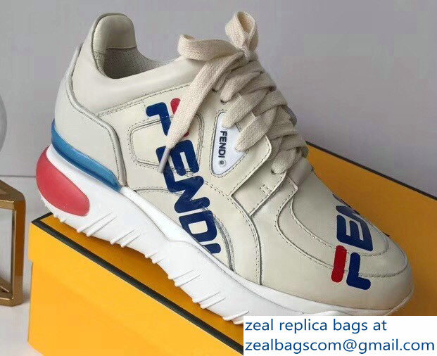 Fendi Mania Logo Lace-Up Leather Sneakers White 2018 - Click Image to Close