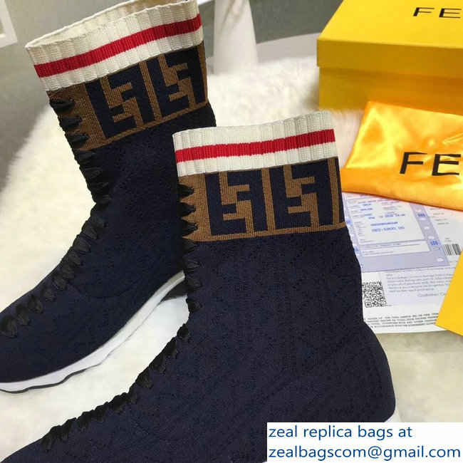 Fendi Multicolour Fabric Sneakers Boots FF Logo Dark Blue 2018 - Click Image to Close