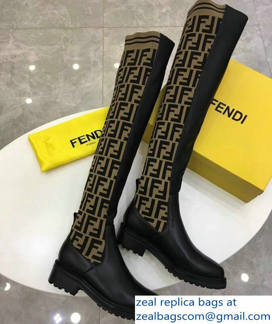 Fendi Stretch Ribbed Fabric and Leather Thigh-High Cuissard Boots Black FF Logo Beige 2018 - Click Image to Close