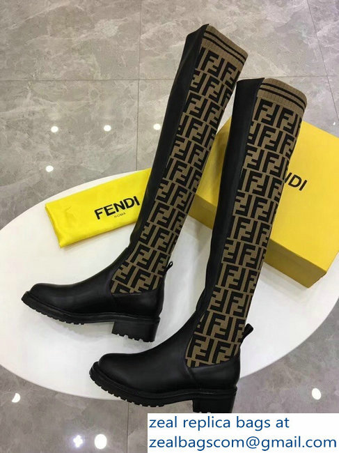 Fendi Stretch Ribbed Fabric and Leather Thigh-High Cuissard Boots Black FF Logo Beige 2018 - Click Image to Close