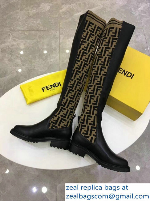 Fendi Stretch Ribbed Fabric and Leather Thigh-High Cuissard Boots Black FF Logo Beige 2018 - Click Image to Close