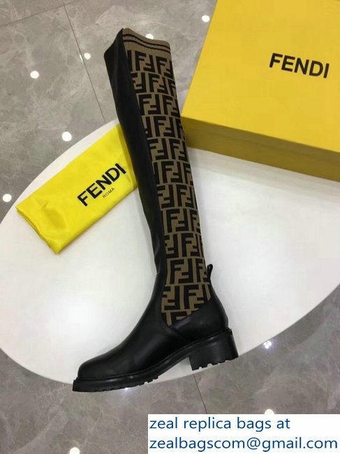 Fendi Stretch Ribbed Fabric and Leather Thigh-High Cuissard Boots Black FF Logo Beige 2018