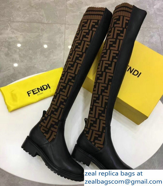 Fendi Stretch Ribbed Fabric and Leather Thigh-High Cuissard Boots Black FF Logo Coffee 2018 - Click Image to Close