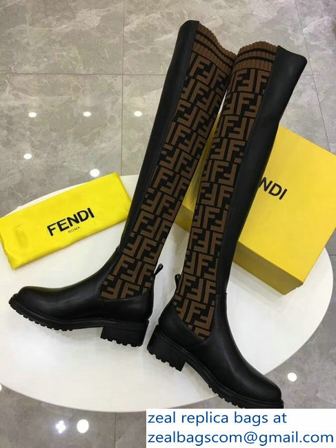 Fendi Stretch Ribbed Fabric and Leather Thigh-High Cuissard Boots Black FF Logo Coffee 2018 - Click Image to Close