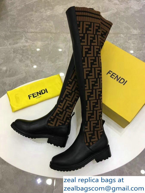 Fendi Stretch Ribbed Fabric and Leather Thigh-High Cuissard Boots Black FF Logo Coffee 2018