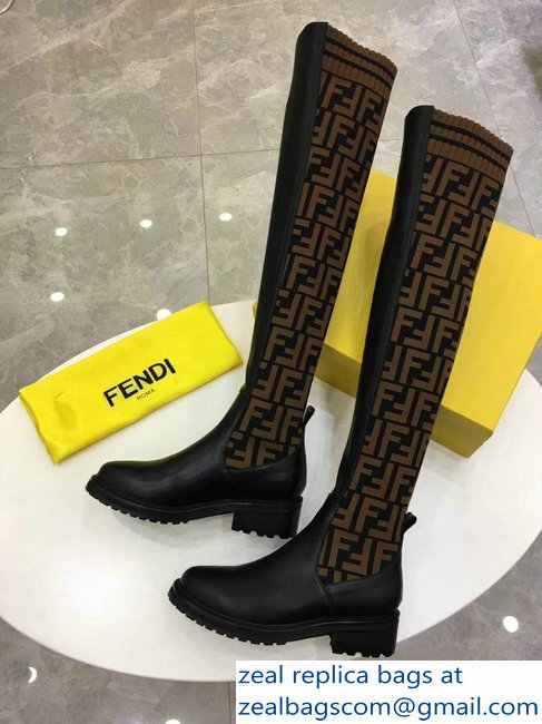 Fendi Stretch Ribbed Fabric and Leather Thigh-High Cuissard Boots Black FF Logo Coffee 2018